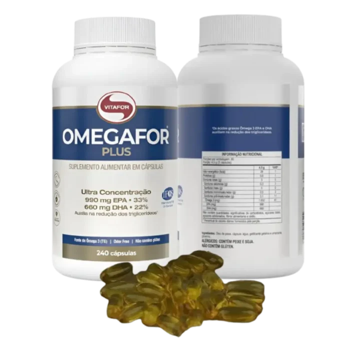Dois frascos do suplemento Omegafor Plus da marca Vitafor, com cápsulas gelatinosas amarelo-translúcidas dispostas à frente. Um frasco exibe o rótulo frontal e o outro mostra a tabela nutricional.