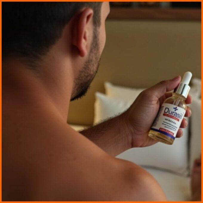Durasil Nutralfit
Homen sem camisa segura um frasco do produto Durasil com tampa conta-gotas, em ambiente que parece ser um quarto com cama e travesseiros ao fundo. O rótulo do frasco exibe "Durasil Skin Solution" e "Extra Strength", sugerindo um produto de cuidados com a pele de aplicação tópica. A imagem transmite uma atmosfera íntima e voltada ao uso pessoal.