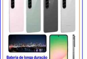 Imagem publicitária do smartphone Samsung Galaxy A54 5G exibido em quatro cores: rosa, verde, preto e branco. Abaixo dos aparelhos, há uma paisagem urbana noturna e a tela do celular em destaque. O anúncio destaca a bateria de longa duração e a tela de 6.7 polegadas FHD+ Super AMOLED.