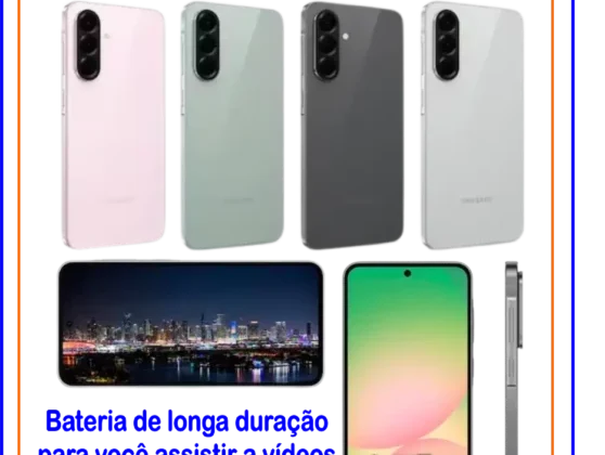 Imagem publicitária do smartphone Samsung Galaxy A54 5G exibido em quatro cores: rosa, verde, preto e branco. Abaixo dos aparelhos, há uma paisagem urbana noturna e a tela do celular em destaque. O anúncio destaca a bateria de longa duração e a tela de 6.7 polegadas FHD+ Super AMOLED.