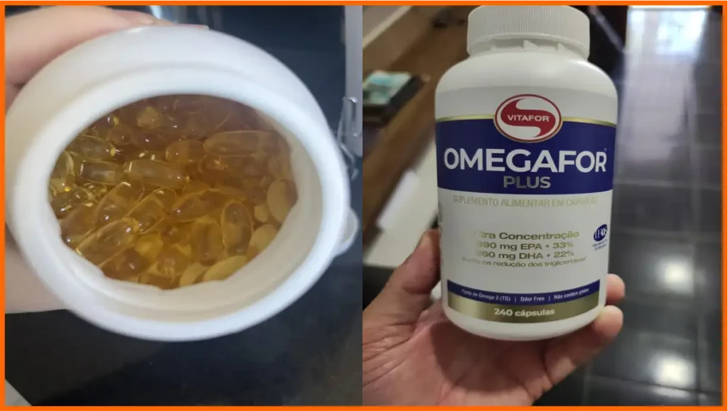 Frasco branco do suplemento alimentar Omegafor Plus, da marca Vitafor, com rótulo azul e roxo, contendo 240 cápsulas. O frasco está aberto, revelando cápsulas gelatinosas amarelo-translúcidas, dispostas em destaque à esquerda da imagem.