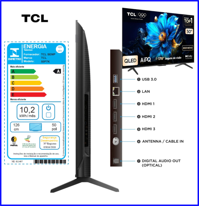 Smart TV TCL 50 Polegadas QLED 4K P7K