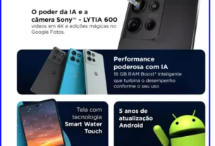 Anúncio do smartphone Moto G75 5G destacando câmera Sony, IA, tela resistente à água e 5 anos de atualizações Android.