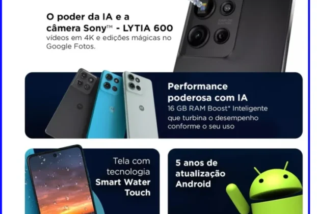 Anúncio do smartphone Moto G75 5G destacando câmera Sony, IA, tela resistente à água e 5 anos de atualizações Android.