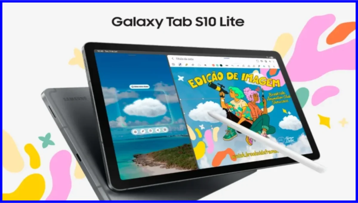 Tablet Galaxy Tab S10 Lite exibindo tela dividida com aplicativo de clima à esquerda e edição de imagem à direita, com uma caneta interagindo com a arte digital. Fundo vibrante com formas abstratas coloridas.