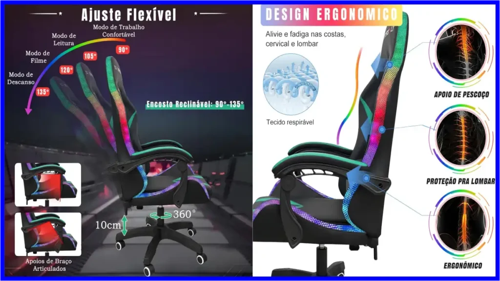 Seu conforto, sua escolha
A cadeira ergonômica perfeita para quem busca bem-estar em qualquer momento do dia:
- Encosto reclinável de 90° a 135°, com modos ideais para trabalhar, ler, assistir ou descansar.
- Apoios de braço articulados e ajuste de altura de até 10cm, garantindo postura personalizada.
- Rotação de 360°, oferecendo liberdade total de movimento.
- Design ergonômico com apoio para pescoço e lombar, aliviando tensões nas costas e coluna.
- Tecido respirável, que mantém o frescor mesmo em longas jornadas.
Transforme sua rotina com ergonomia inteligente e conforto sob medida!
