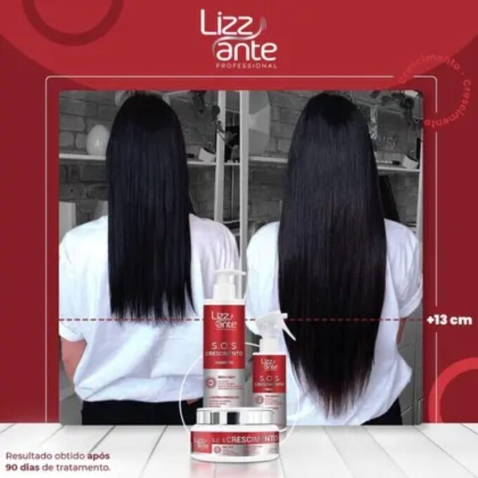 Imagem comparativa de antes e depois de um tratamento capilar com produtos Lizz Ante Professional: à esquerda, cabelo longo e liso; à direita, o mesmo cabelo visivelmente mais comprido, com destaque para o texto “+13 cm” e “Resultado obtido após 90 dias de tratamento”.