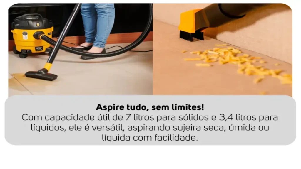 Um aspirador de pó e líquidos amarelo e preto está sendo usado em dois cenários: à esquerda, uma pessoa limpa um derramamento de líquido em um piso de cerâmica; à direita, o aparelho aspira sujeira seca em um canto. O aspirador possui mangueira e bicos diferentes para cada tipo de limpeza.