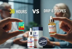 Imagem comparativa entre dois produtos voltados para desempenho sexual masculino. À esquerda, uma mão segura uma caixa verde de "Tadalafila 20 mg Medicamento Genérico", com o texto "36 HOURS" acima, indicando longa duração. À direita, outra mão segura um frasco de "Durasil Intensive", com o texto "DRIP 6 DROPES", sugerindo aplicação em gotas. Ao fundo, há embalagens adicionais do Durasil e um selo circular com a inscrição "APROVADO ANVISA", além de duas pessoas desfocadas em conversa.