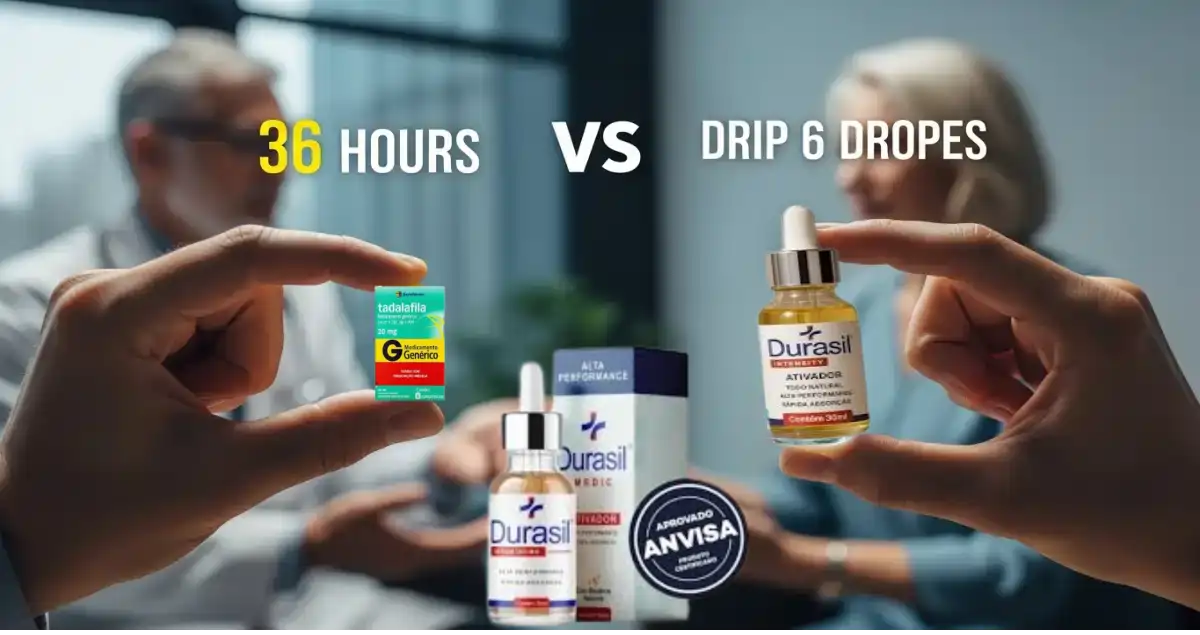 Tadalafila vs Durasil da Nutralfit: análise completa e sincera para quem busca desempenho masculino 1 Imagem comparativa entre dois produtos voltados para desempenho sexual masculino. À esquerda, uma mão segura uma caixa verde de "Tadalafila 20 mg Medicamento Genérico", com o texto "36 HOURS" acima, indicando longa duração. À direita, outra mão segura um frasco de "Durasil Intensive", com o texto "DRIP 6 DROPES", sugerindo aplicação em gotas. Ao fundo, há embalagens adicionais do Durasil e um selo circular com a inscrição "APROVADO ANVISA", além de duas pessoas desfocadas em conversa.