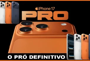 Imagem promocional do iPhone 17 Pro com destaque para o modelo laranja. No centro, vê-se a traseira do aparelho com três câmeras e flash. Acima, o texto “iPhone 17 PRO” em laranja vibrante; abaixo, a frase “O PRÓ DEFINITIVO” em branco sobre fundo preto. Ao redor, aparecem versões do mesmo modelo em outras cores: branco, preto, azul, laranja e roxo. A moldura da imagem é laranja.