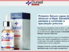 Imagem publicitária de um produto chamado "Durasil Sérum Íntimo", um sérum brasileiro para reduzir a hipersensibilidade peniana e controlar a ejaculação precoce. Mostra um frasco com conta-gotas ao lado da embalagem, com destaque para benefícios como rápida absorção, aumento da circulação sanguínea e ereções mais fortes e duradouras.