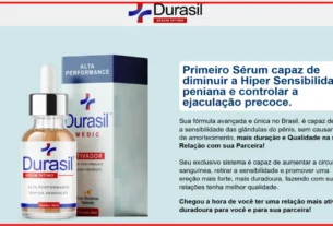 Imagem publicitária de um produto chamado "Durasil Sérum Íntimo", um sérum brasileiro para reduzir a hipersensibilidade peniana e controlar a ejaculação precoce. Mostra um frasco com conta-gotas ao lado da embalagem, com destaque para benefícios como rápida absorção, aumento da circulação sanguínea e ereções mais fortes e duradouras.
