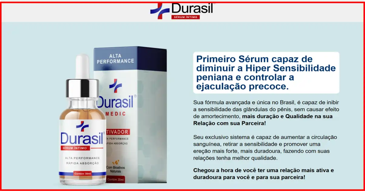 Durasil Funciona Mesmo? Review Completo Bula, Preço e Onde Comprar! 1 Imagem publicitária de um produto chamado "Durasil Sérum Íntimo", um sérum brasileiro para reduzir a hipersensibilidade peniana e controlar a ejaculação precoce. Mostra um frasco com conta-gotas ao lado da embalagem, com destaque para benefícios como rápida absorção, aumento da circulação sanguínea e ereções mais fortes e duradouras.