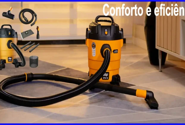 Aspirador de pó e água WAP GTV 10 em destaque sobre piso de cerâmica, com mangueira preta e amarela conectada. Ao lado, uma montagem exibe acessórios como bicos, tubos, escova e filtro. Ao fundo, móveis e escada indicam ambiente doméstico. No canto superior direito, lê-se "Conforto e eficiência"