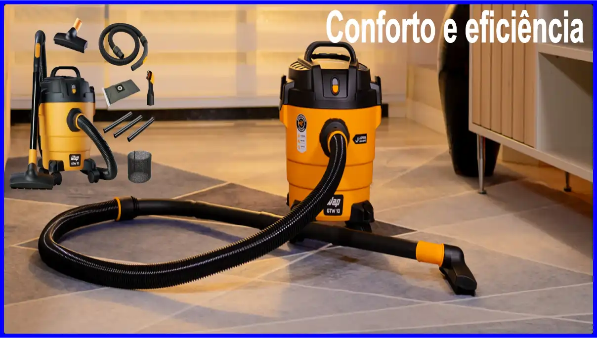 Aspirador de pó e água WAP GTV 10 em destaque sobre piso de cerâmica, com mangueira preta e amarela conectada. Ao lado, uma montagem exibe acessórios como bicos, tubos, escova e filtro. Ao fundo, móveis e escada indicam ambiente doméstico. No canto superior direito, lê-se "Conforto e eficiência"