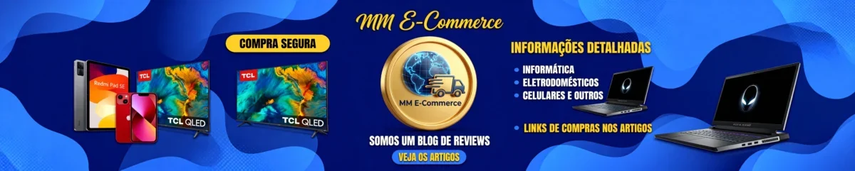 Banner promocional do blog MM E-Commerce com fundo azul, exibindo produtos eletrônicos como tablet Redmi Pad SE, smartphone vermelho, TV TCL QLED e laptop. Inclui frases como "Compra Segura", "Somos um blog de reviews" e "Veja os artigos".